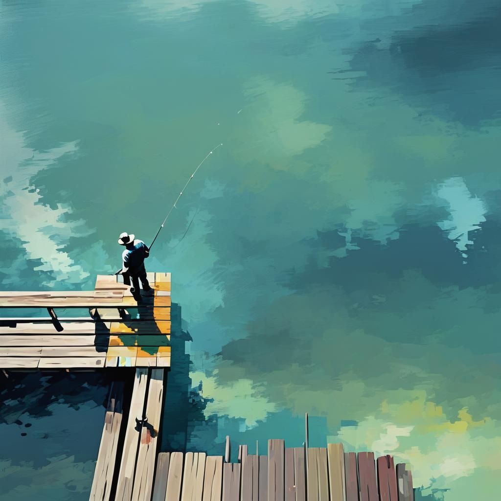 Pixelated Fisherman on Pier: Digital Distressed Art