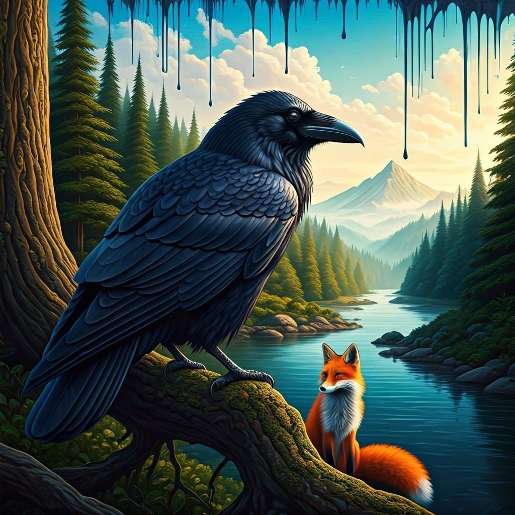 Raven and Fox in Dreamlike Landscape