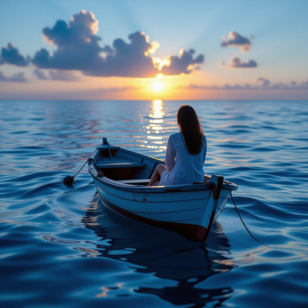 Woman Contemplating Dawn on Serene Ocean Boat
