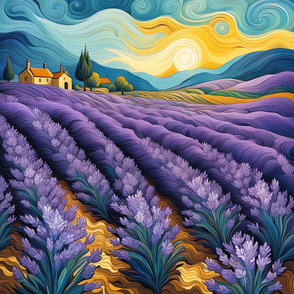 Lavender Fields in Abstract Post-Impressionist Style