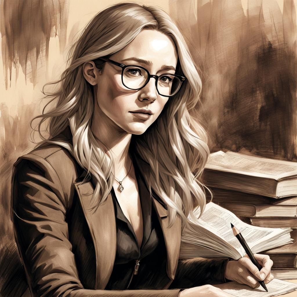 Redhead Librarian Sketch in Sepia Tones