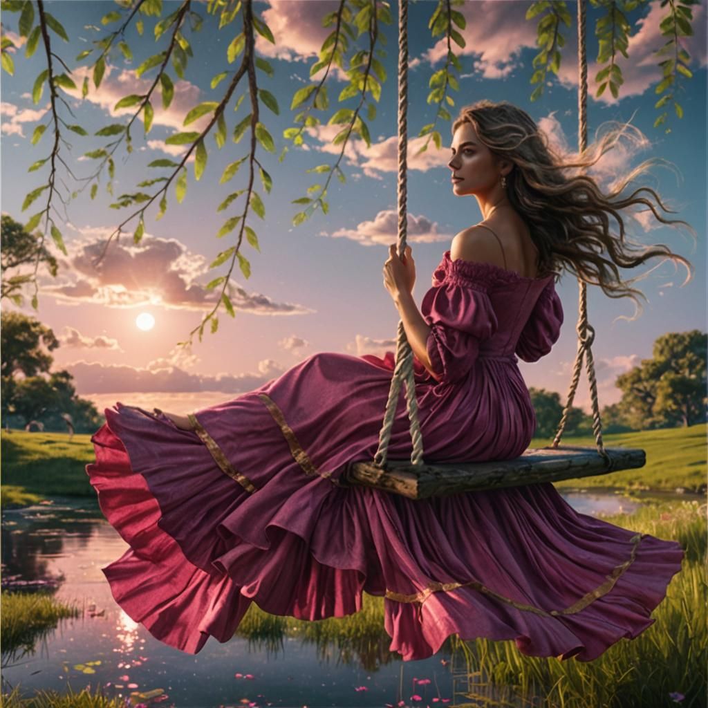 Woman on Swing in Dreamlike Landscape