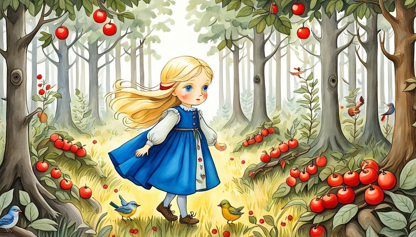 Little Girl Gathering Fruit in Forest, Elsa Beskow Style