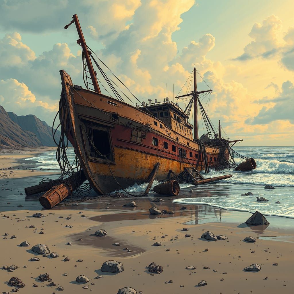Dystopian Shipwreck on Desolate Beach in Comic Book Style