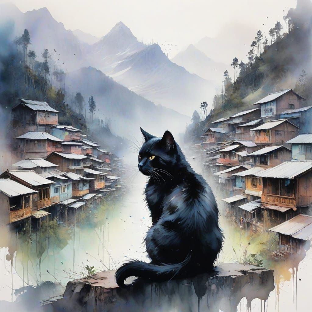 Himalayan Town Misty Morning with Black Cat