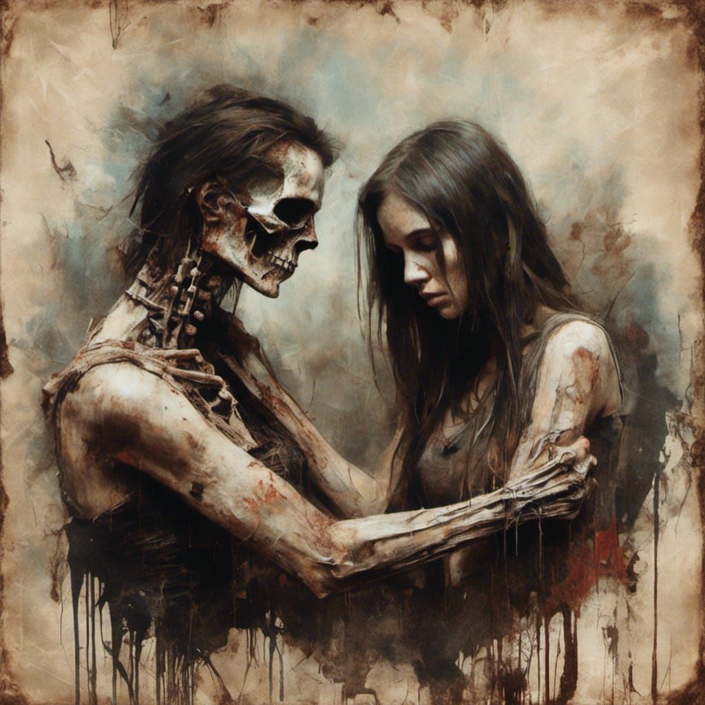Native Woman Arm Wrestles Skeleton in Macabre Painting