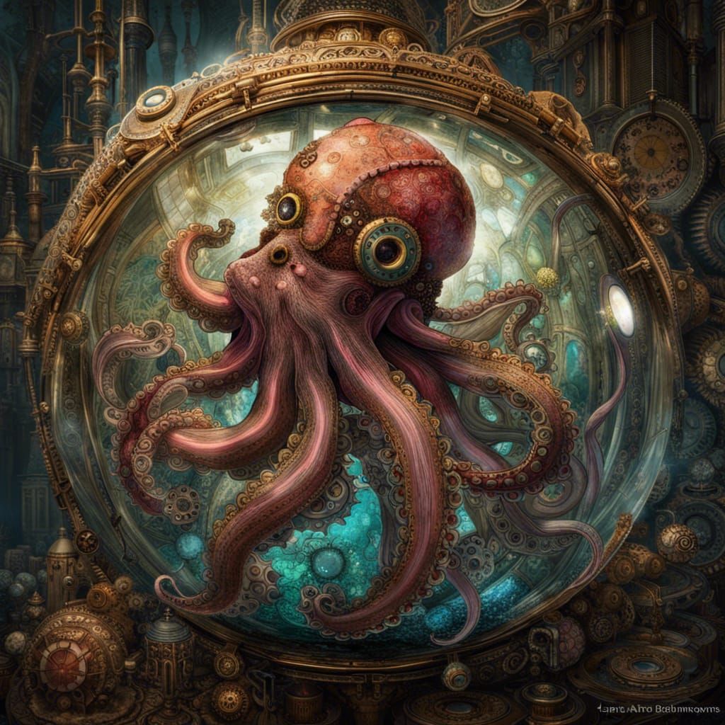 Steampunk Octopus in Glass Orb, Digital Art