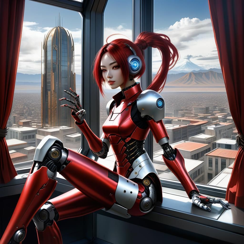 Chic Cyber Assassin in Fantasy Cityscape