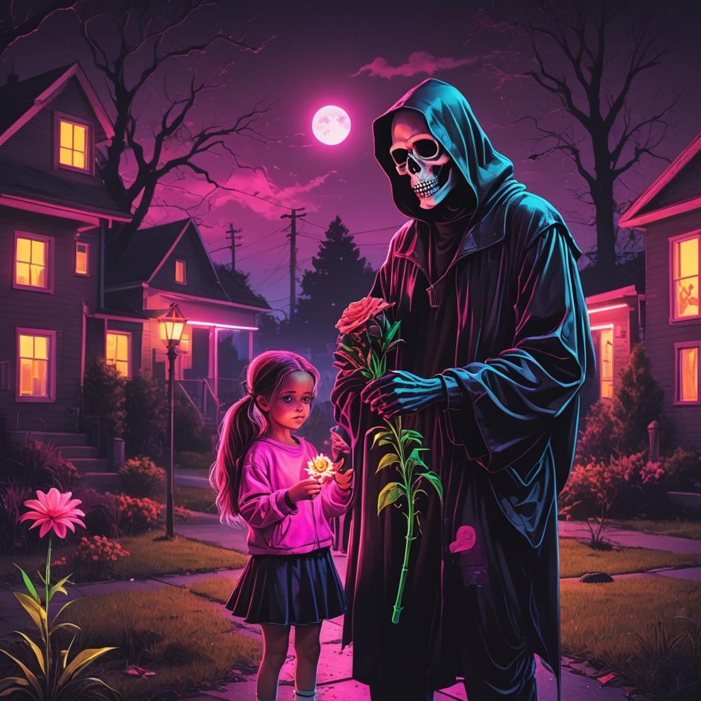 Neon Halloween: Girl Offers Flower to Reaper