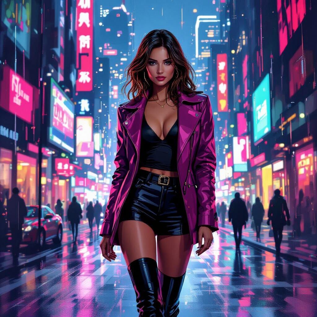 Abstract Neon Portrait of a Woman in City