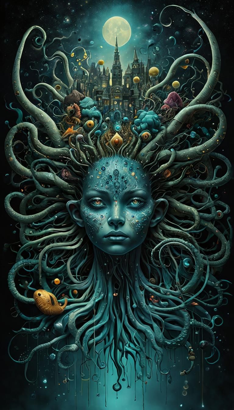 Mysterious Bioluminescent Monster in Dark Cityscape