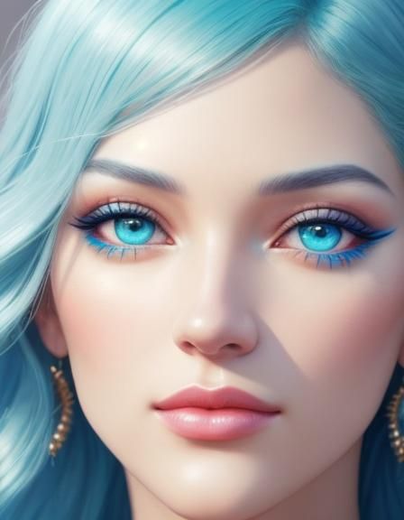 Beautiful young lady with wavy turquoise blue hair and blue ...