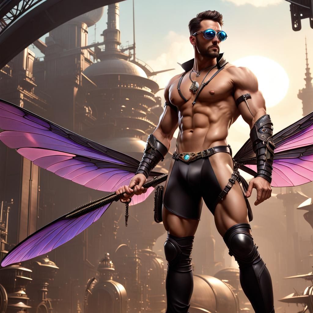 Steampunk Dragonfly Man in Dark Fantasy Style