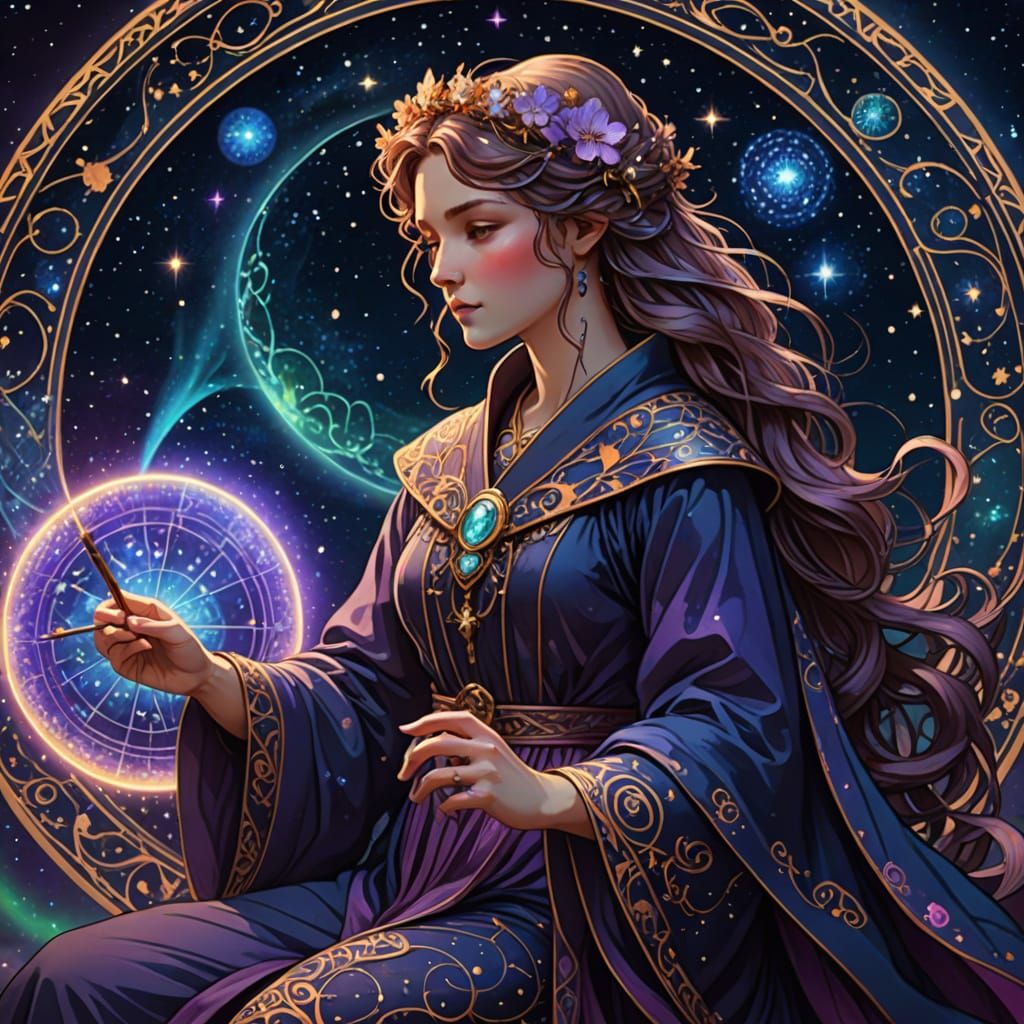 Celestial Calligrapher Inscribes Cosmic Poetry in Art Nouvea...