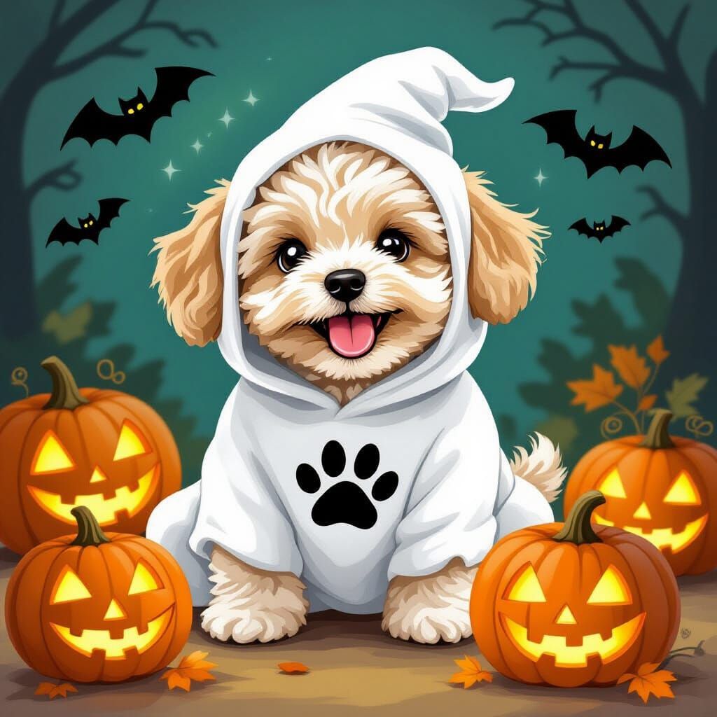 Maltipoo Puppy in Ghost Costume with Pumpkins
