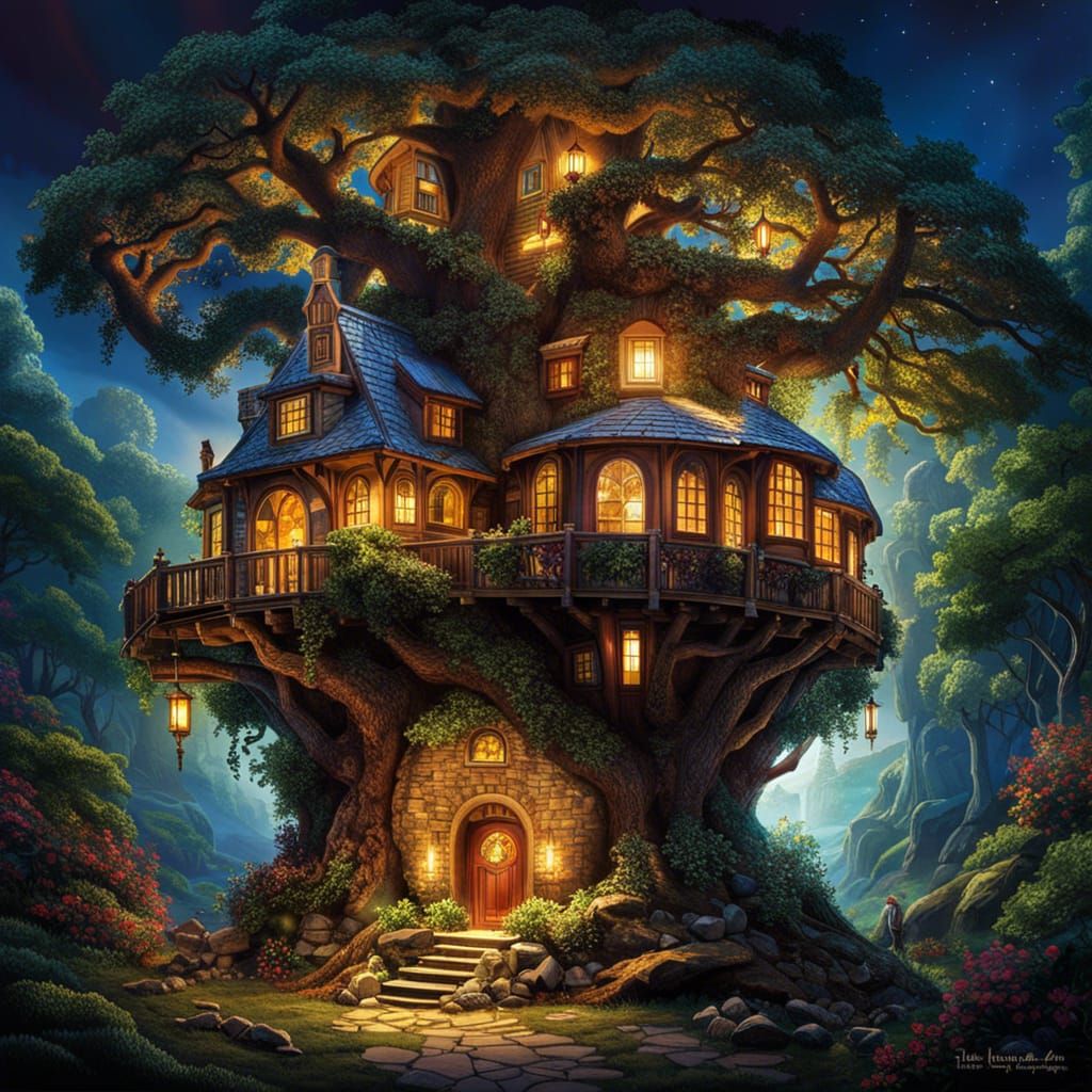 Fantasy Treehouse Inn in Watercolour Style