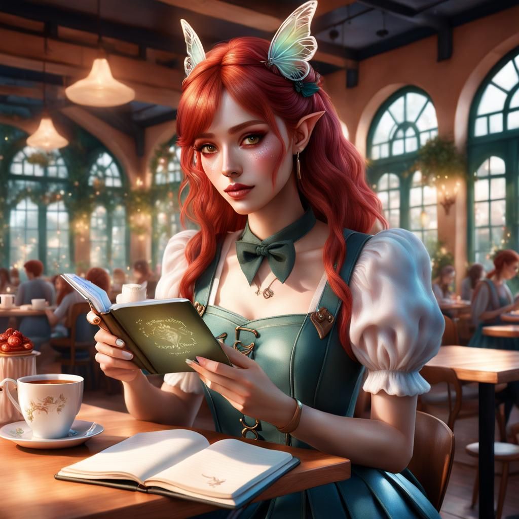 Poetic Woman in Fairycore Cafeteria: Hyperrealistic Artwork