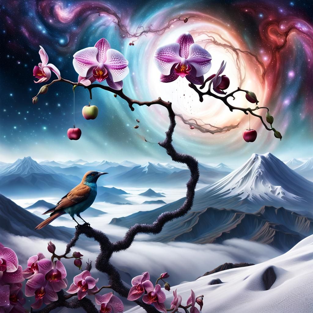 Bird on Orchid in Surreal Galactic Landscape