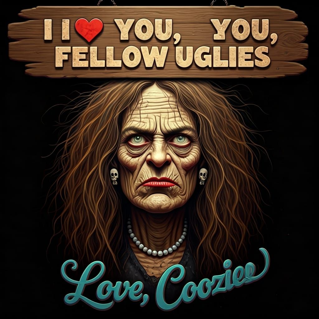 Gritty Cartoon Witch with Neon Marble Sign