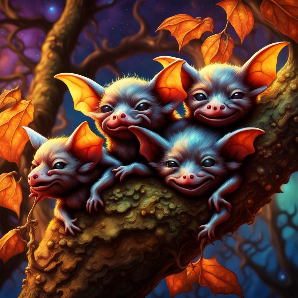 Chibi Vampire Bats Sleeping Under Galaxy Sky