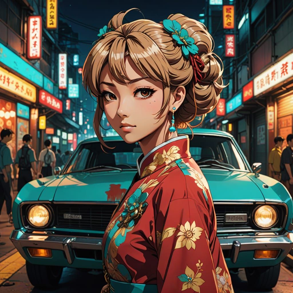 Gyaru Girl in Retro Anime Style Qipao, Beside Old Car