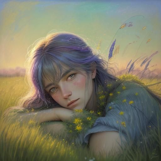 Impressionist Woman in Sunny Meadow with Alcohol Ink