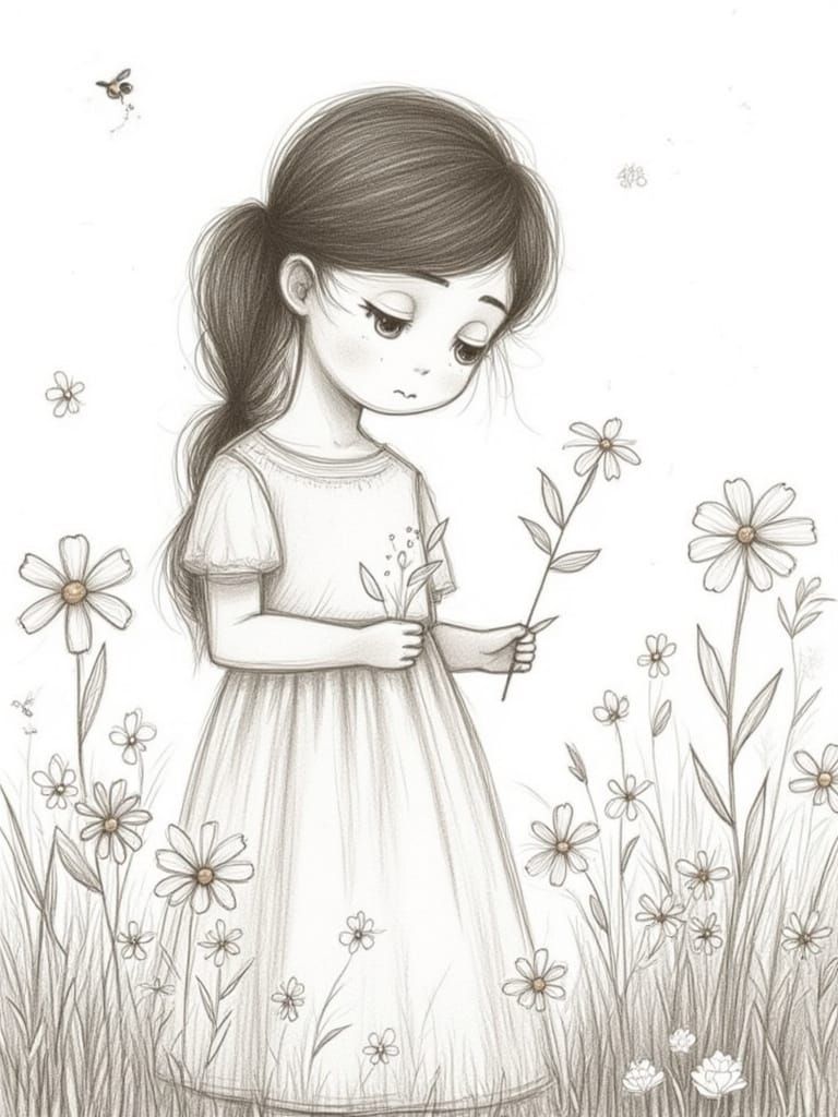 Serene Pencil Drawing of a Young Girl in a Sun-Dappled Meado...