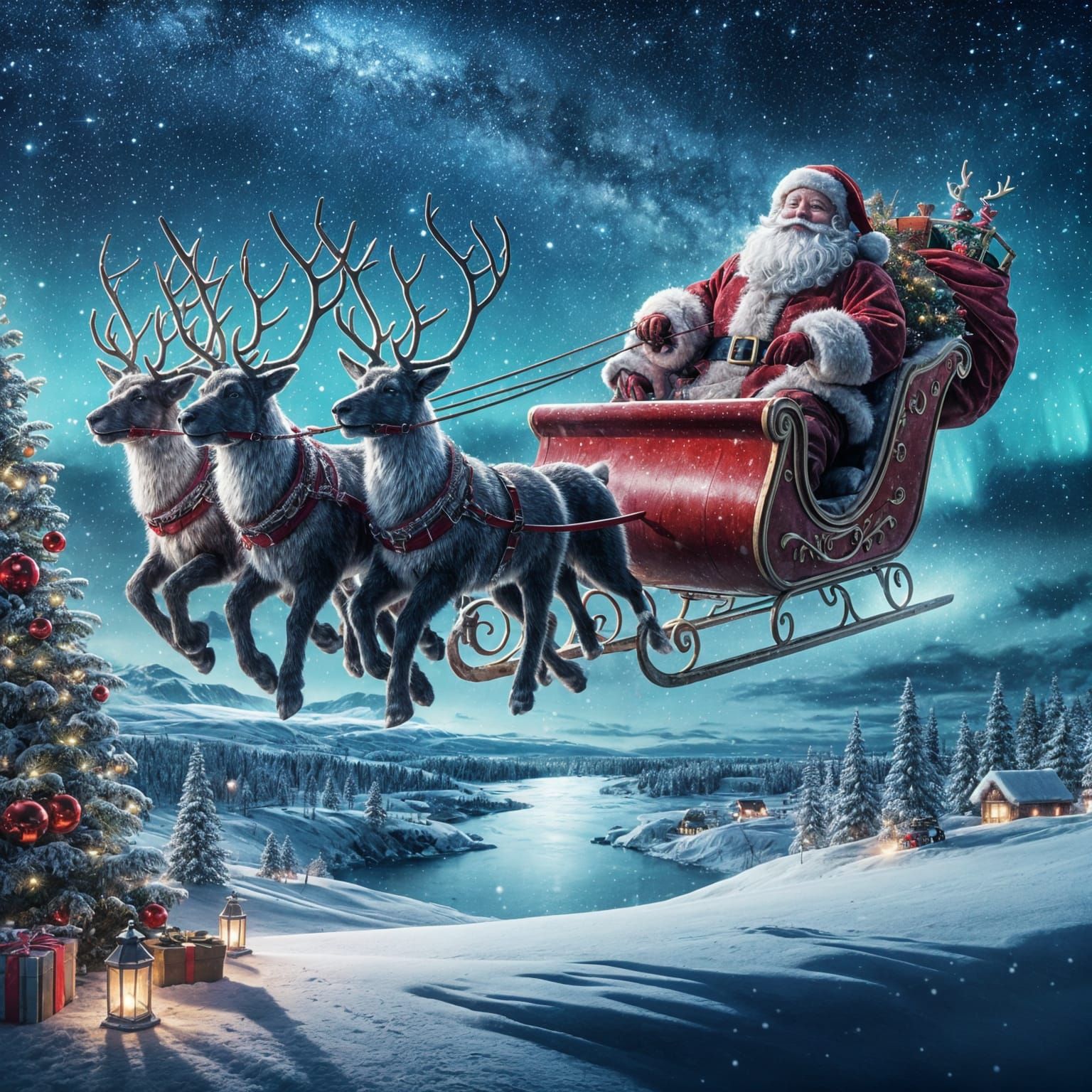 Santa's Sleigh Soars Through Christmas Night Sky