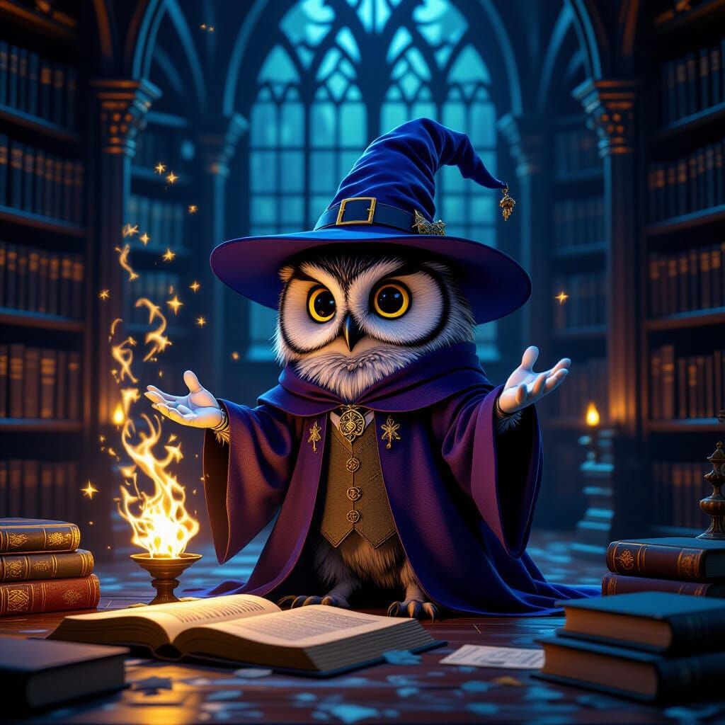 Wise Owl Wizard Conjuring Spell in Gothic Library