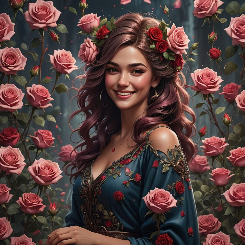 Beautiful Woman Creating Roses: Detailed Matte Painting