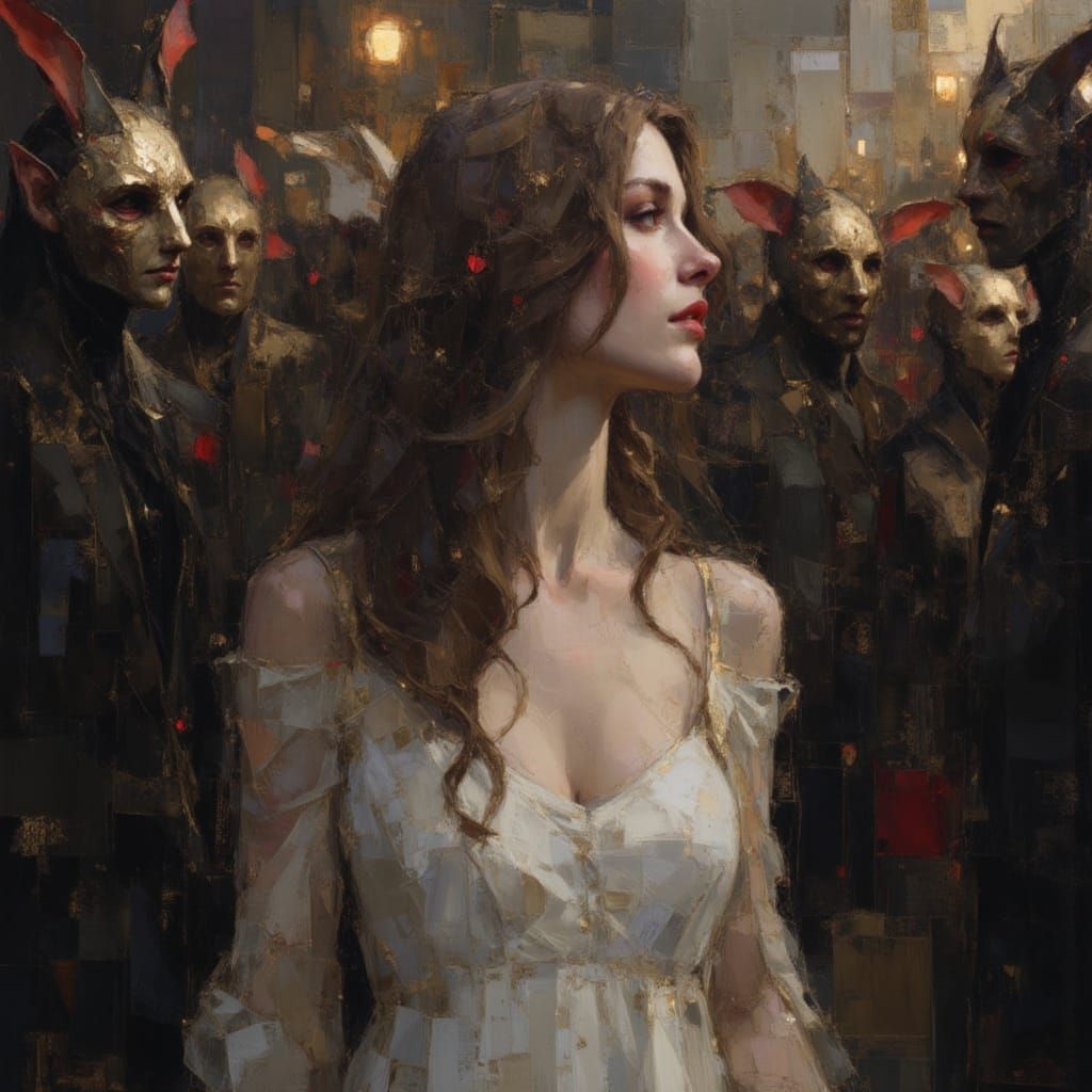 Woman in White Gown at Goblin Mask Masquerade Ball