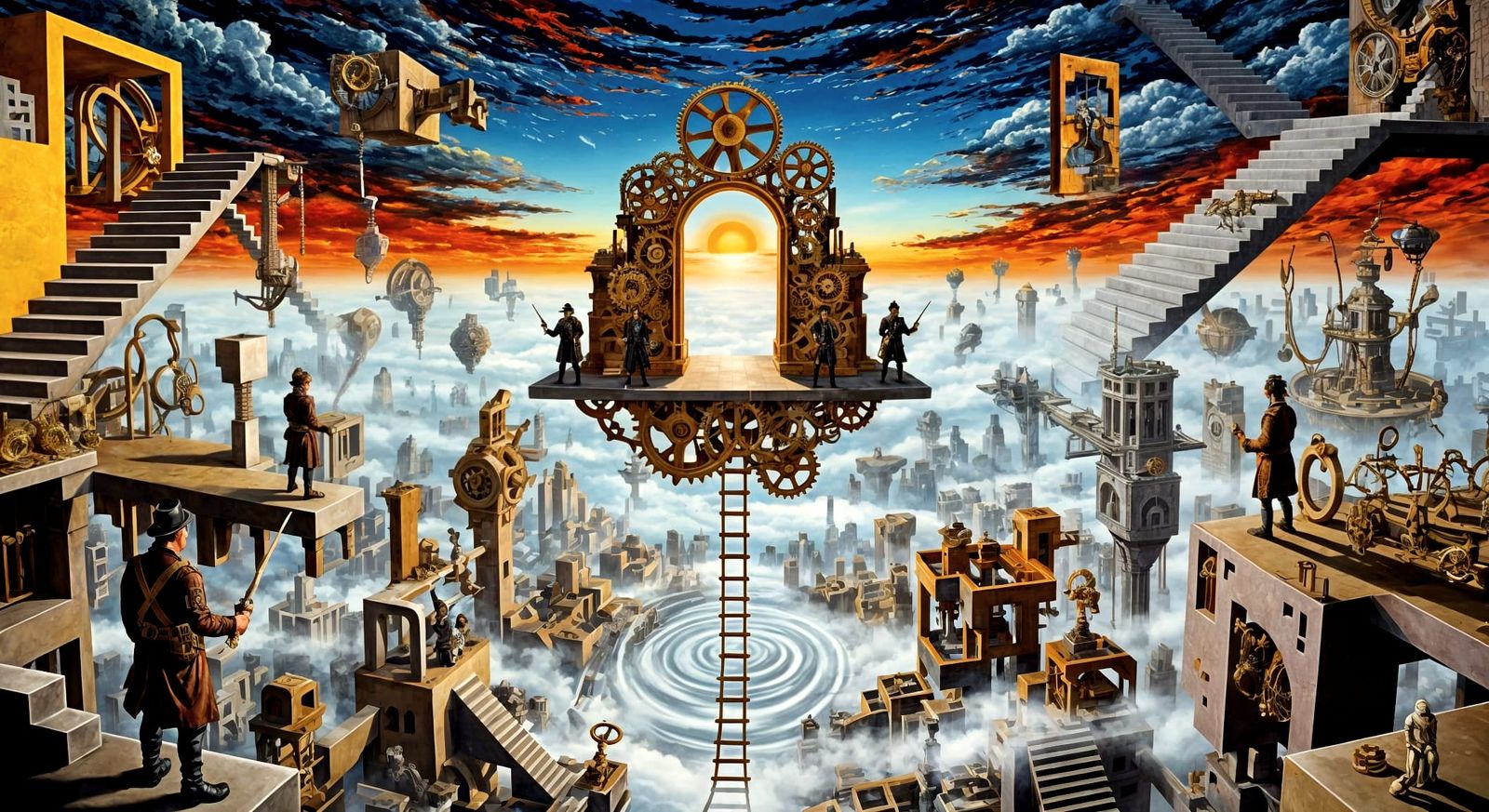 Steampunk City Gateway Above Fog, Geometric Abstraction Art