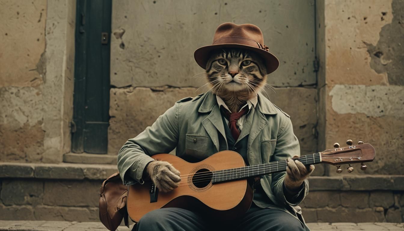 Cat Plays Guitar: Cinematic Film Still