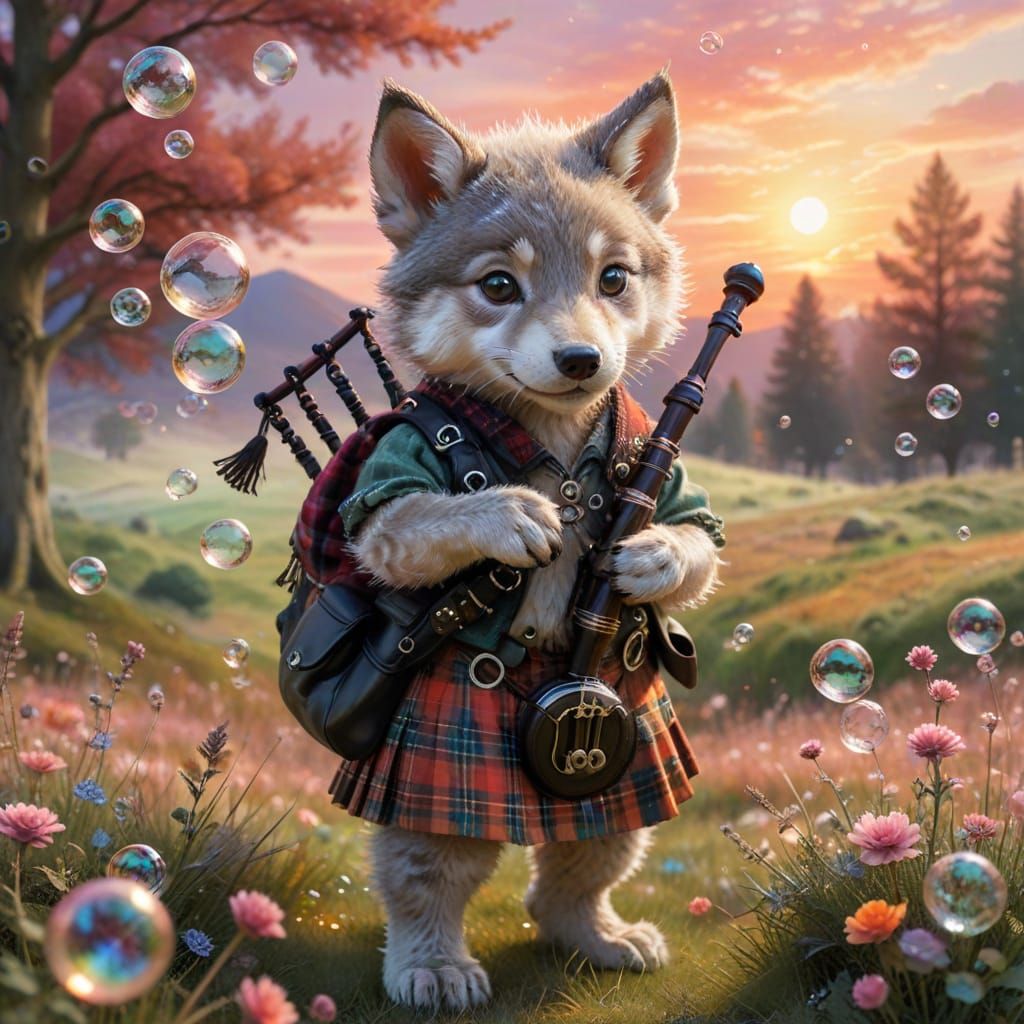 Wolf Cub Bagpiper in Watercolor Bubble Field