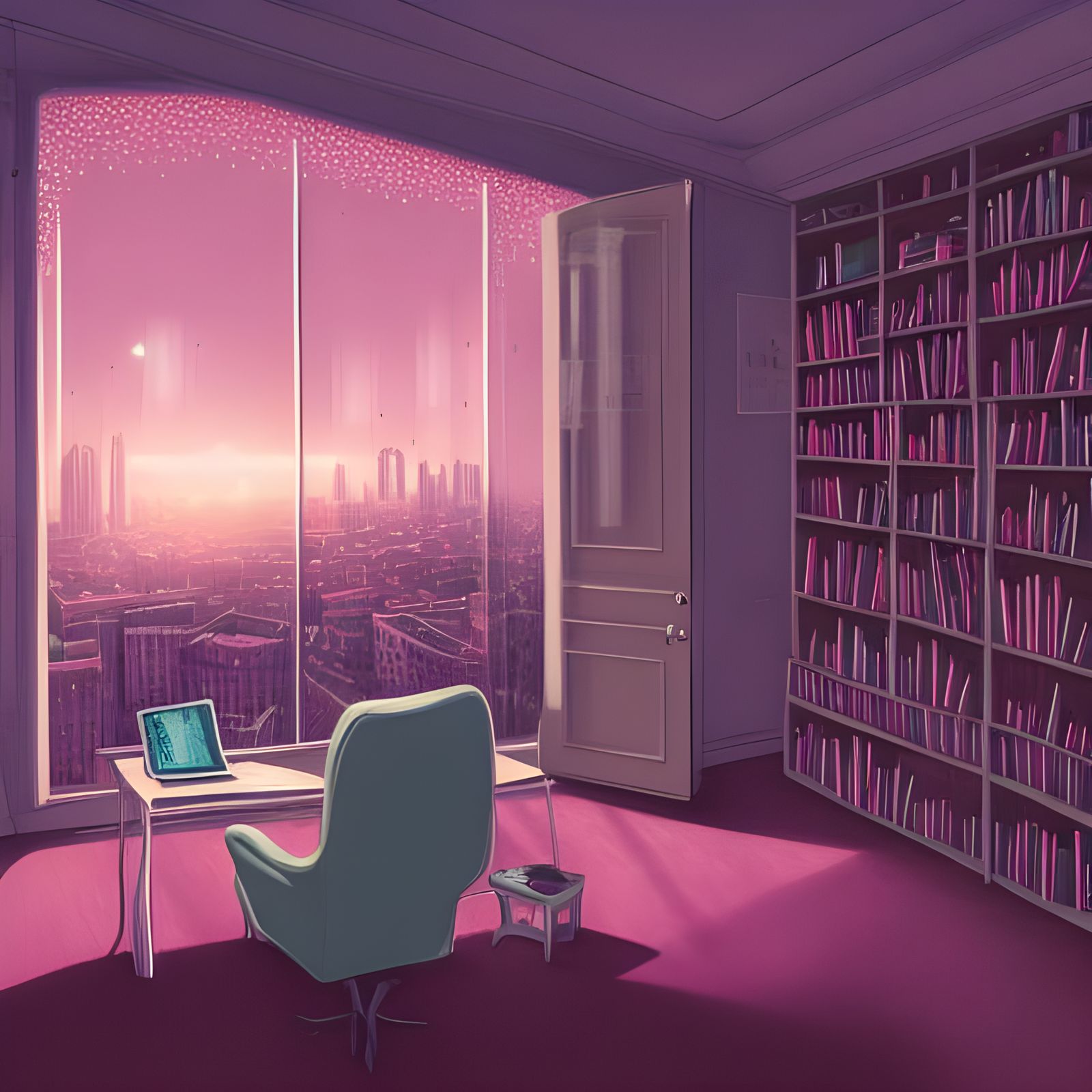 Cozy Pink Office with City View in Pastel Colors