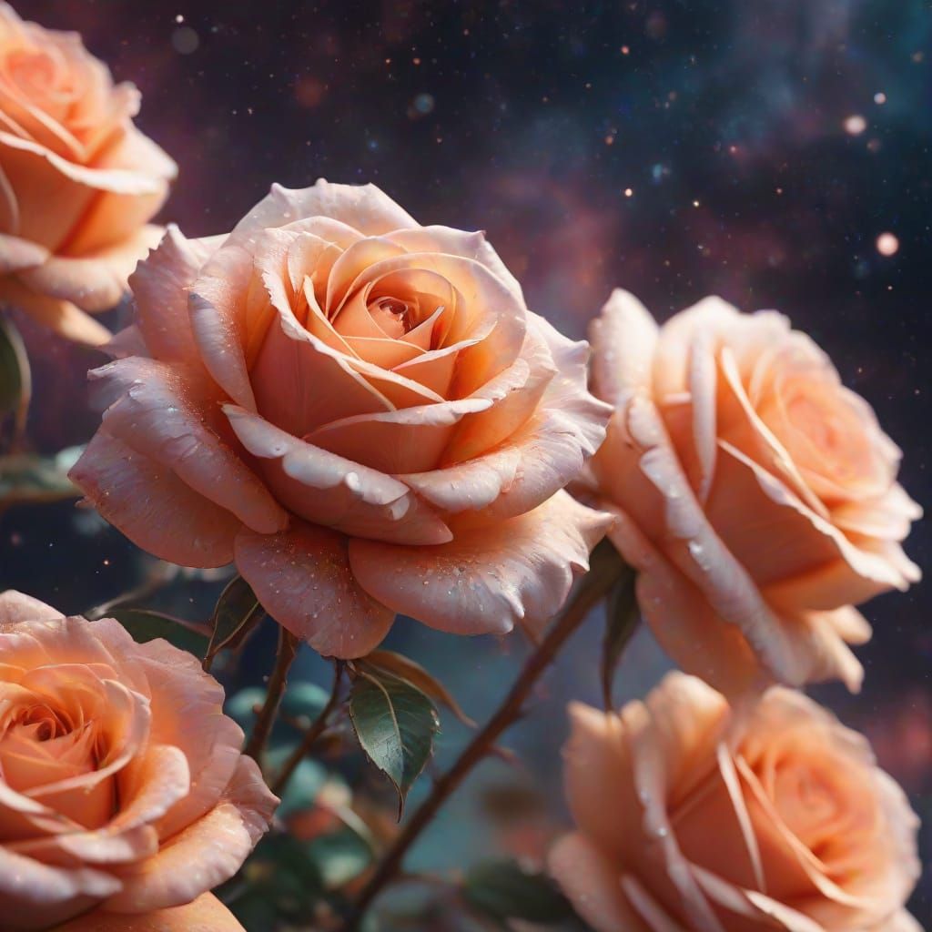 Dreamlike Coral Roses in Space: Digital Art