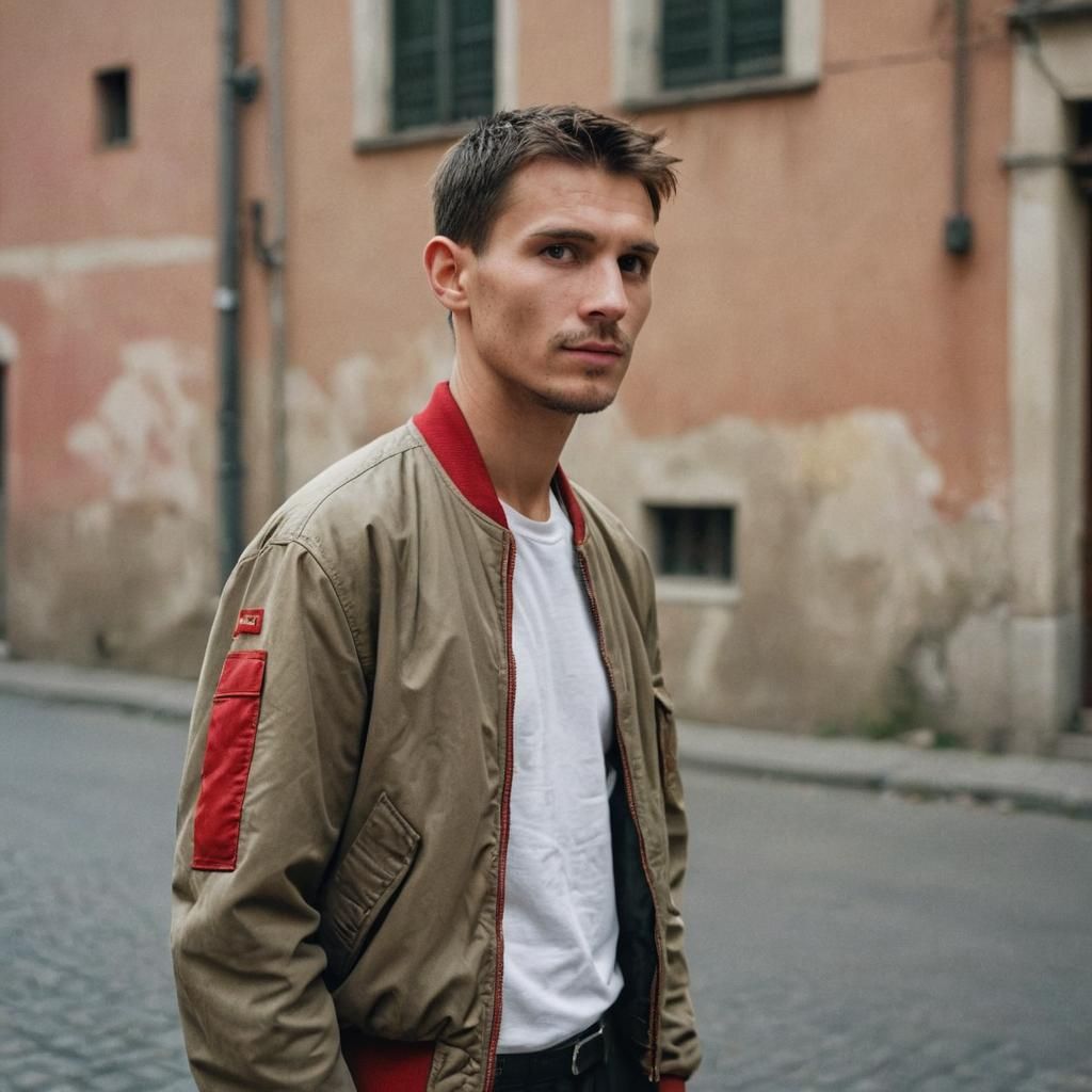 Photorealistic Slavic Man in Red Bomber Jacket
