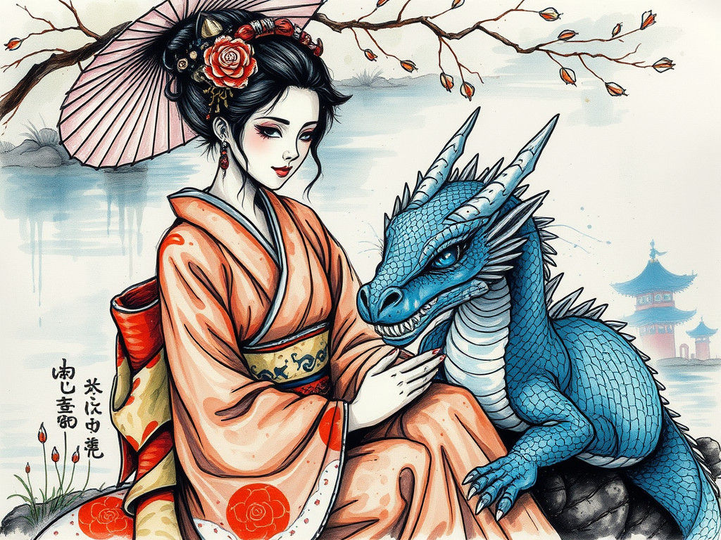 Geisha with Dragon in Bright Aquarelles