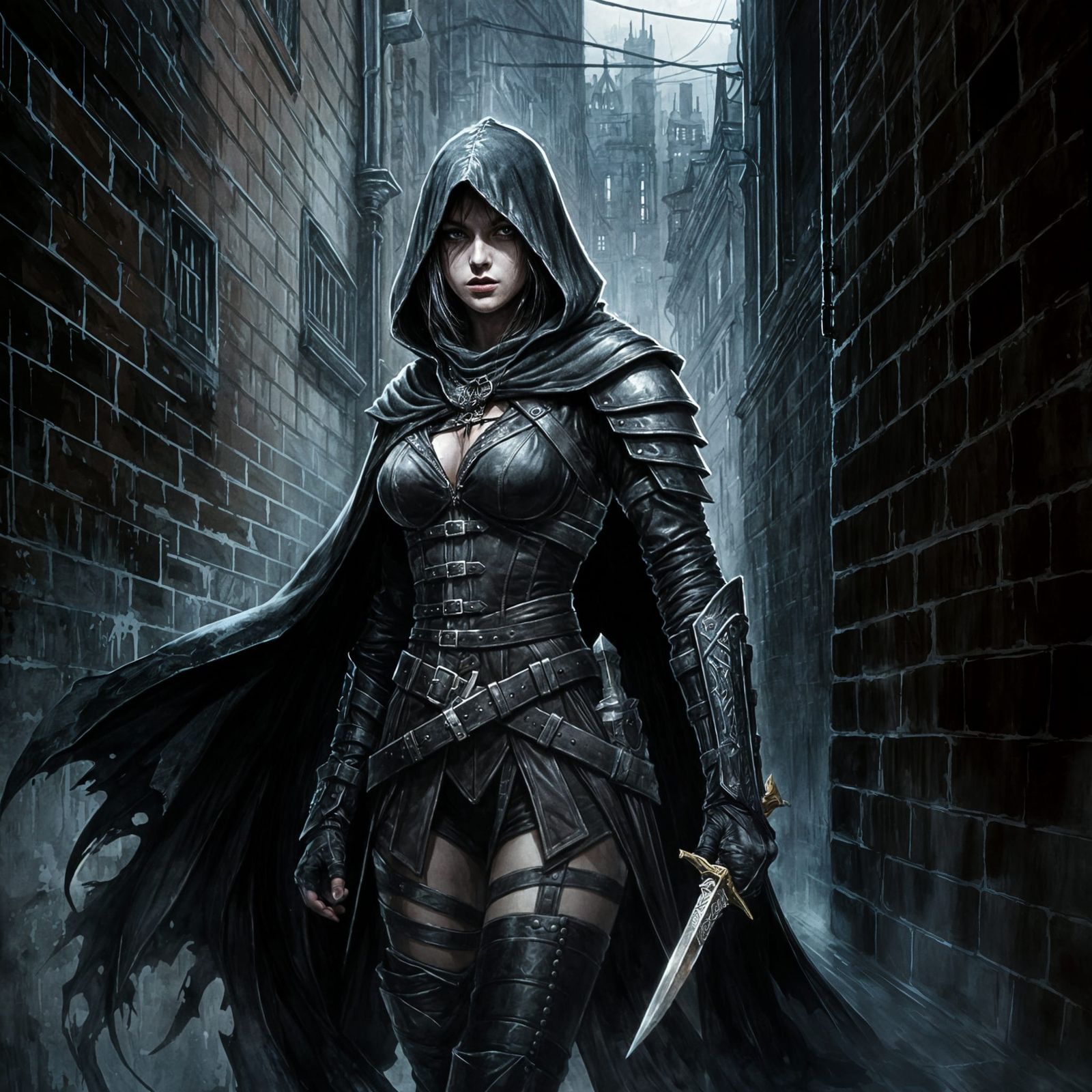 Dark Alley Assassin Ready to Strike in Ink Drawing Style