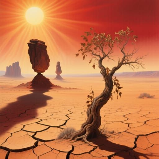 Cracked Desert Under Blazing Sun, Surreal Hyperrealism