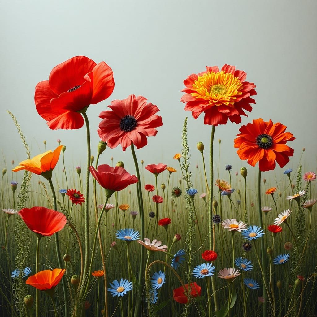 Surreal Woven String Flowers in Dreamlike Meadow