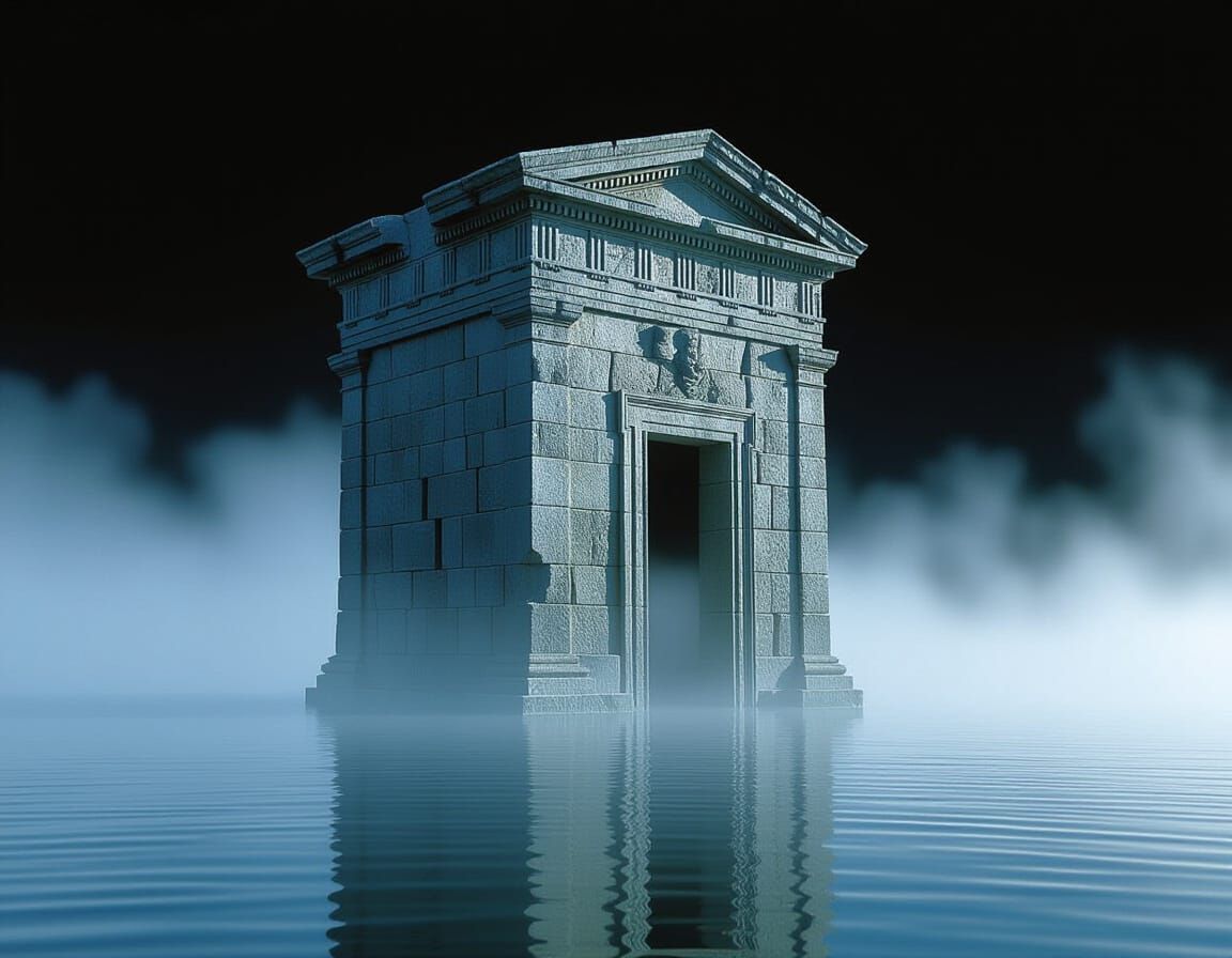 Ethereal Tomb Emerging from Misty Lake
