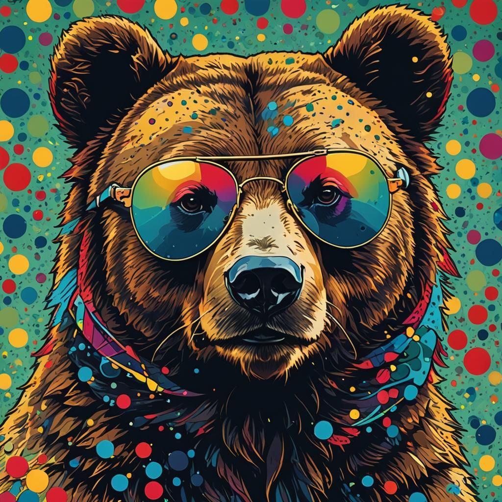 Bright Pop Art Bear in Aviators, Graphic Vector Style
