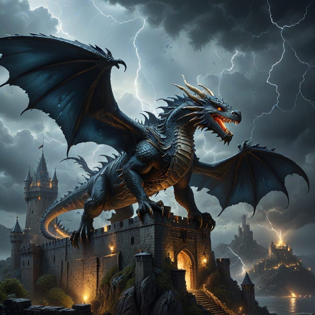 Majestic Dragon Soars Over Stormy Castle