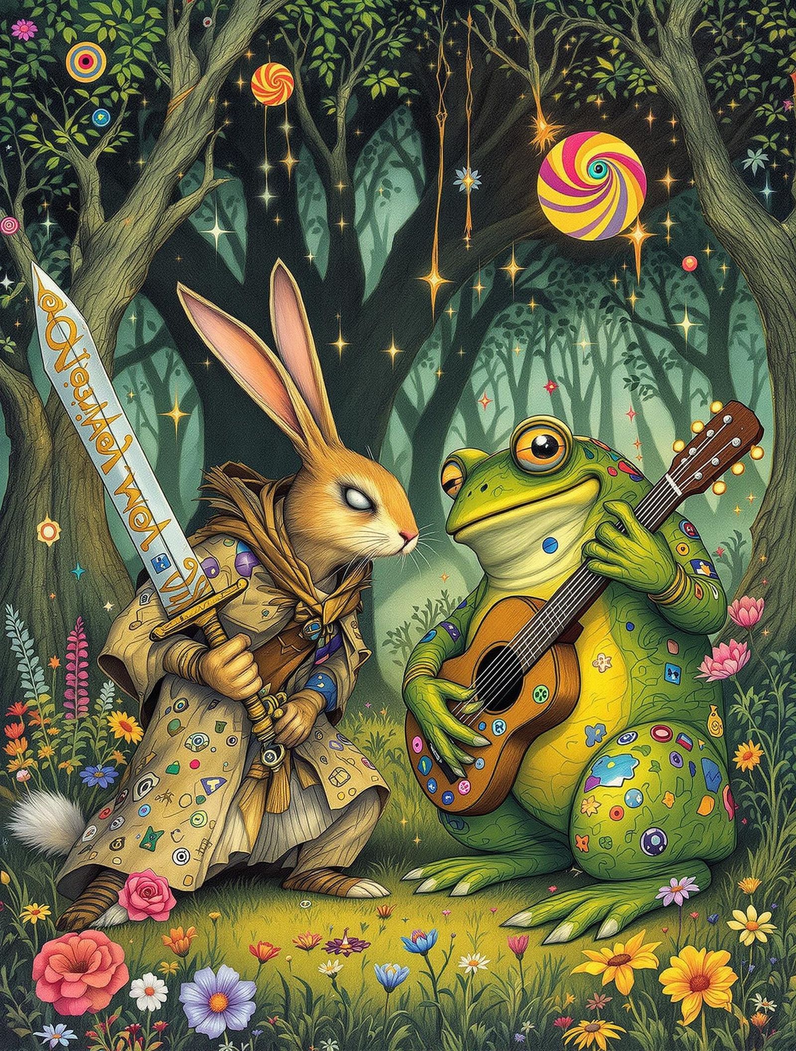 Dreamlike Clash of Rabbit and Frog in Whimsical Forest