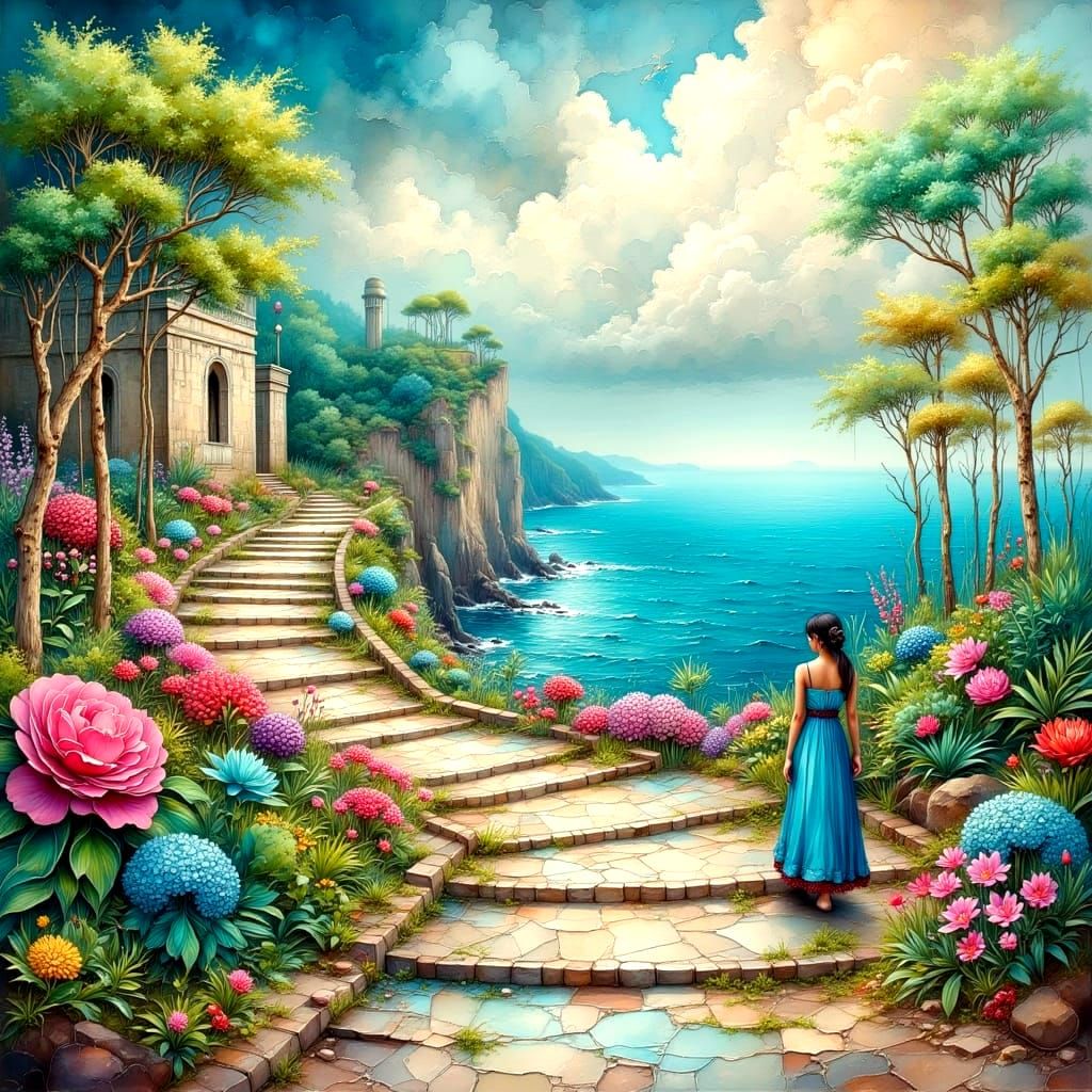 Colorful Impasto Painting of Woman on Coastal Path