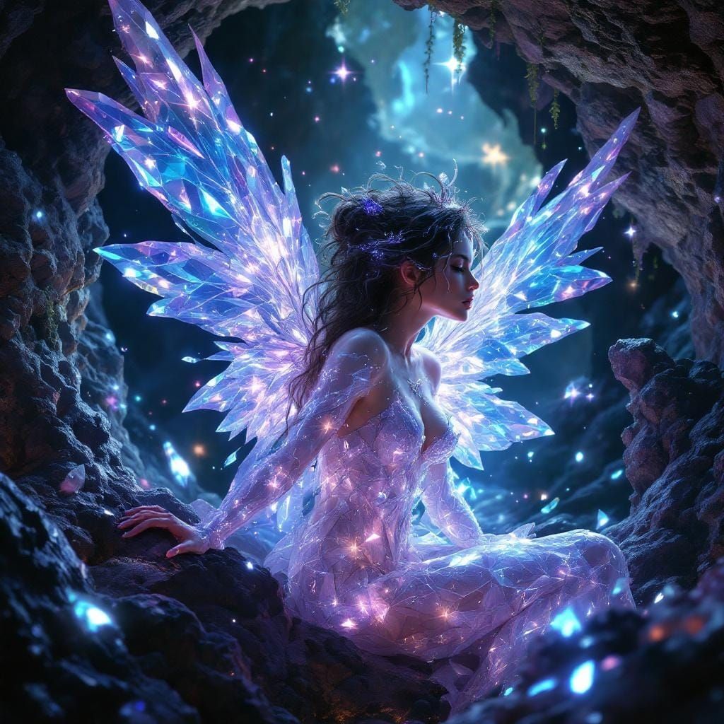 Crystal Fairy in Bioluminescent Cavern: Dark Fantasy Art