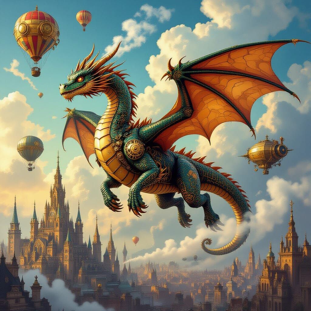 Steampunk Dragon Soars Over Victorian Cityscape