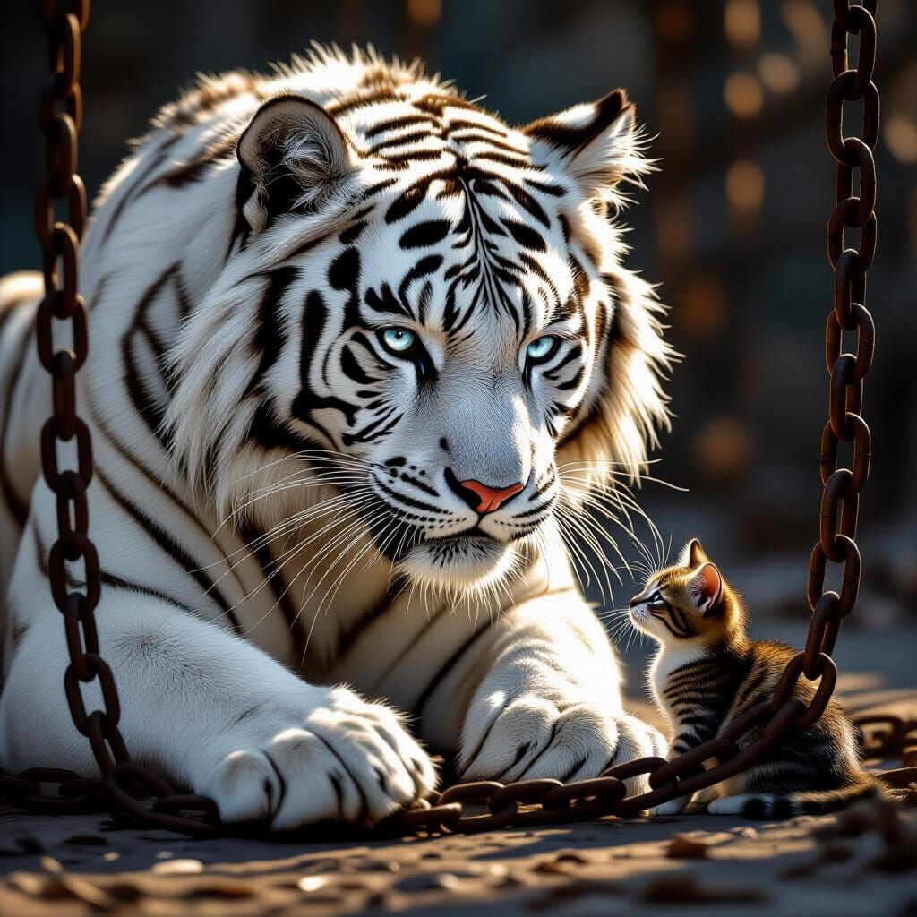 White Tiger Breaks Chains to Save Kitten