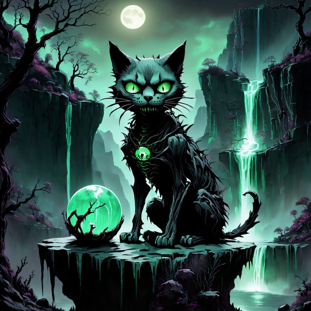 Skeletal Cat With Glowing Orb on Jagged Cliff